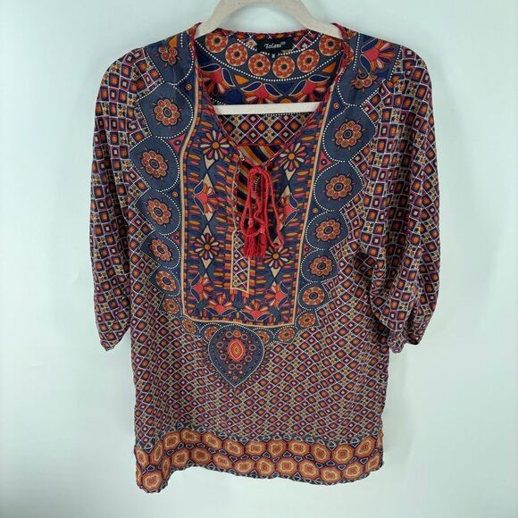 Tolani Silk Multicolor Bohemian tunic Column Dress 3/4 sleeve tie neck women’s m - Picture 2 of 7
